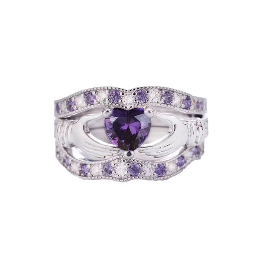 Heart Cut Lab-Grown Purple Sapphire Claddagh Stackable Ring Set | 925 Sterling Silver Irish-Inspired Three-Piece Ring