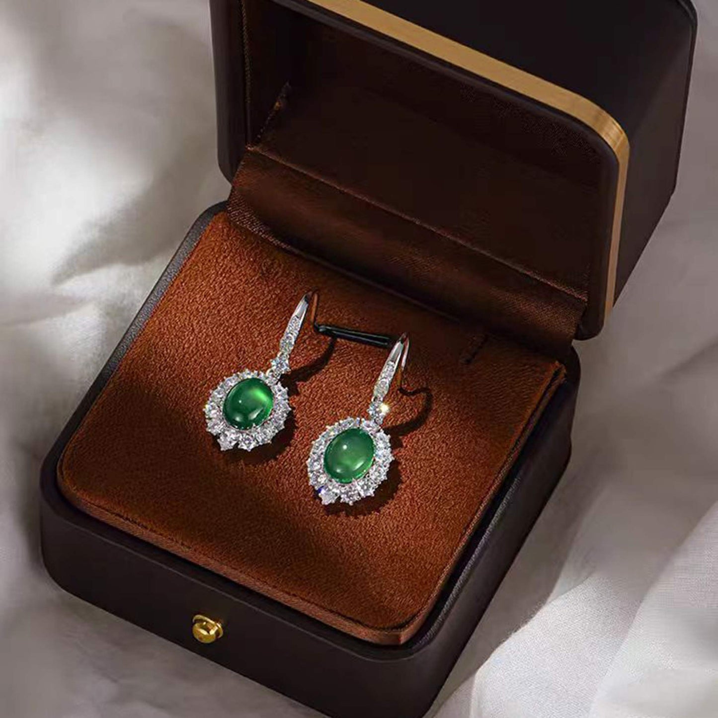 Oval Cut Lab-Grown Emerald Halo Drop Earrings | 925 Sterling Silver Platinum Plated Statement Earrings