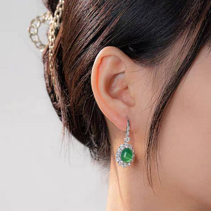 Oval Cut Lab-Grown Emerald Halo Drop Earrings | 925 Sterling Silver Platinum Plated Statement Earrings