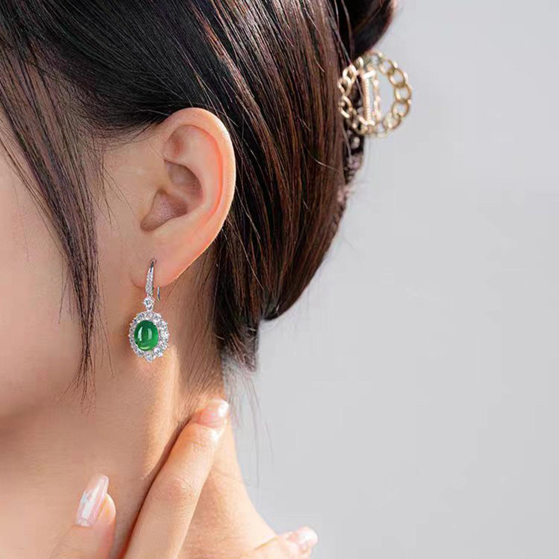 Oval Cut Lab-Grown Emerald Halo Drop Earrings | 925 Sterling Silver Platinum Plated Statement Earrings