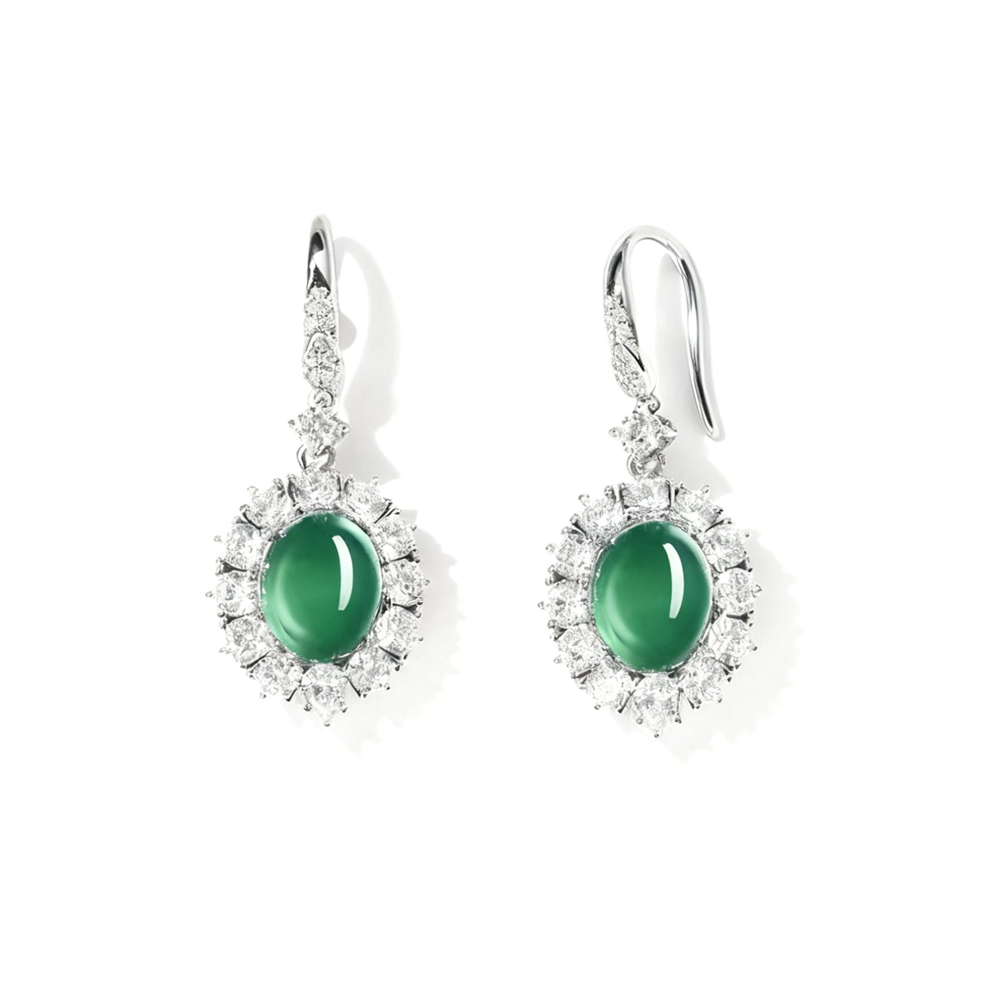 Oval Cut Lab-Grown Emerald Halo Drop Earrings | 925 Sterling Silver Platinum Plated Statement Earrings