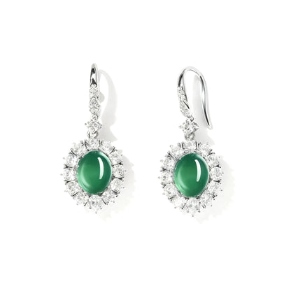 Oval Cut Lab-Grown Emerald Halo Drop Earrings | 925 Sterling Silver Platinum Plated Statement Earrings