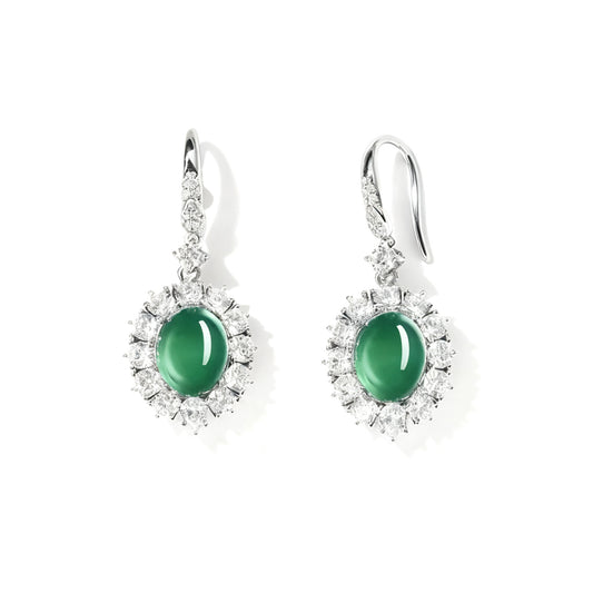 Oval Cut Lab-Grown Emerald Halo Drop Earrings | 925 Sterling Silver Platinum Plated Statement Earrings