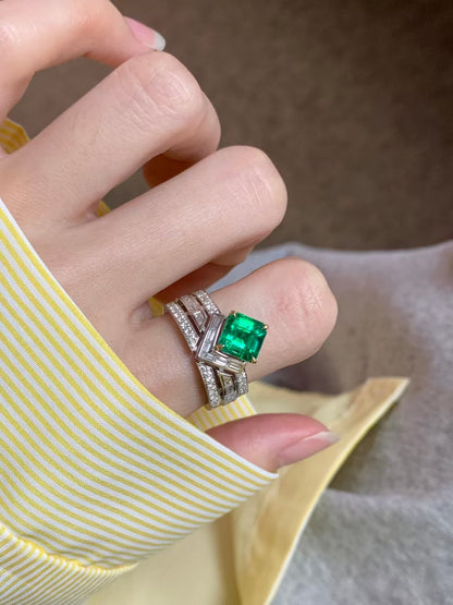 Emerald Cut Lab-Grown Emerald Stackable Ring Set | 925 Sterling Silver Platinum Plated Geometric Ring