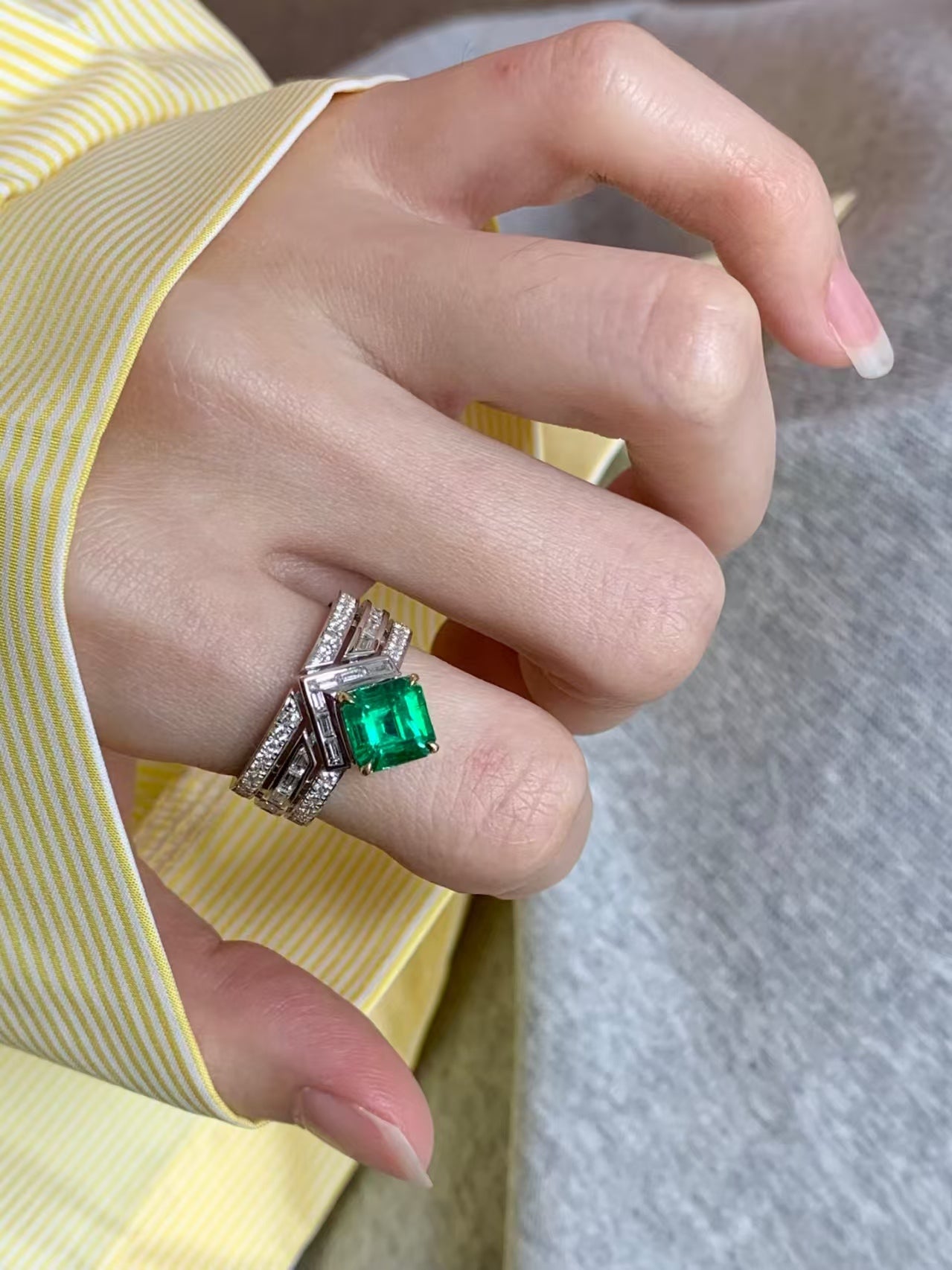 Emerald Cut Lab-Grown Emerald Stackable Ring Set | 925 Sterling Silver Platinum Plated Geometric Ring