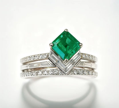 Emerald Cut Lab-Grown Emerald Stackable Ring Set | 925 Sterling Silver Platinum Plated Geometric Ring