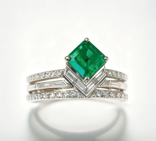 Emerald Cut Lab-Grown Emerald Stackable Ring Set | 925 Sterling Silver Platinum Plated Geometric Ring