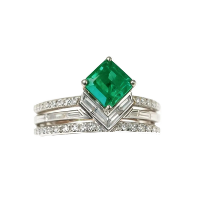 Emerald Cut Lab-Grown Emerald Stackable Ring Set | 925 Sterling Silver Platinum Plated Geometric Ring