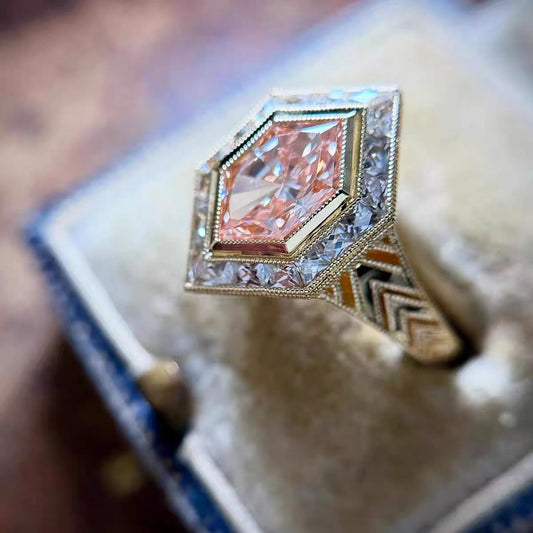 Hexagon Cut Pink Sapphire Art Deco Custom Ring | 18K Gold Plated Statement Ring
