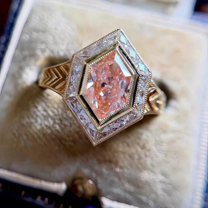 Hexagon Cut Pink Sapphire Art Deco Custom Ring | 18K Gold Plated Statement Ring