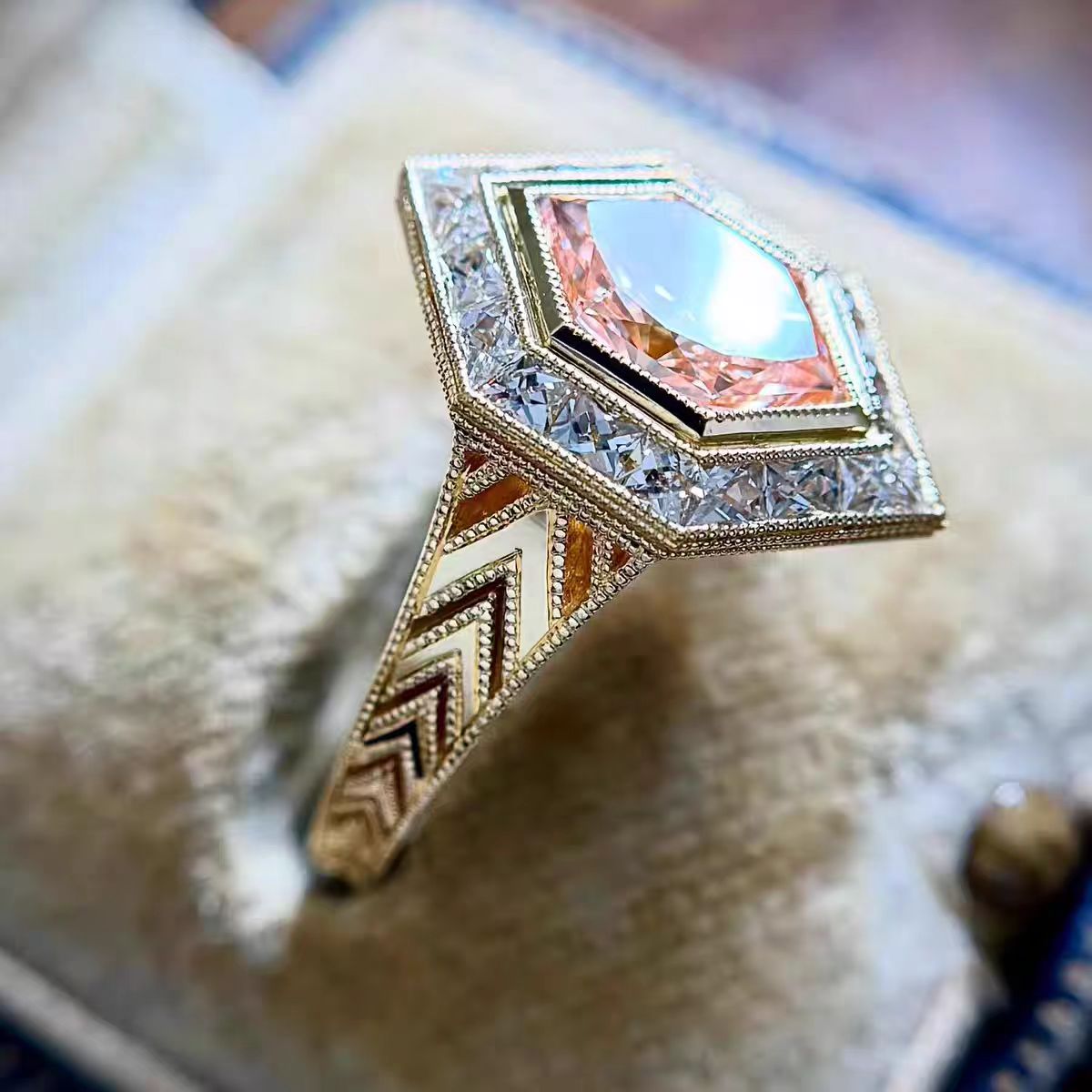 Hexagon Cut Pink Sapphire Art Deco Custom Ring | 18K Gold Plated Statement Ring