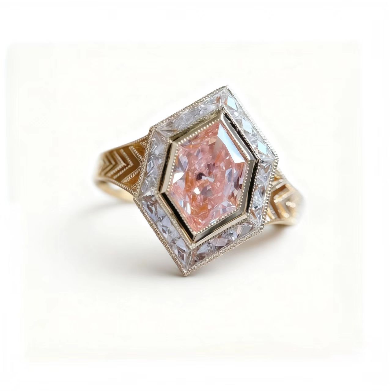 Hexagon Cut Pink Sapphire Art Deco Custom Ring | 18K Gold Plated Statement Ring