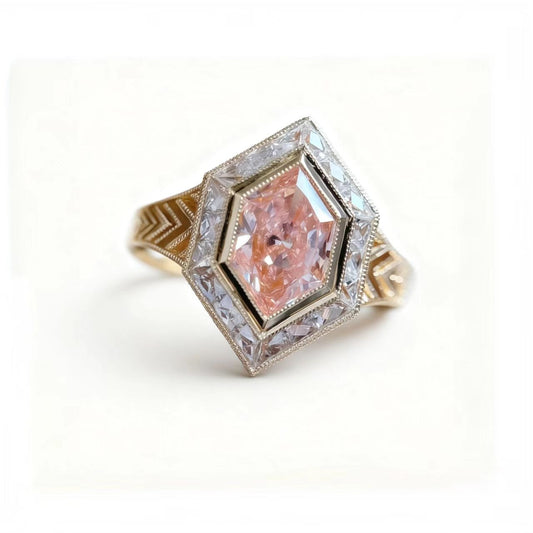 Hexagon Cut Pink Sapphire Art Deco Custom Ring | 18K Gold Plated Statement Ring