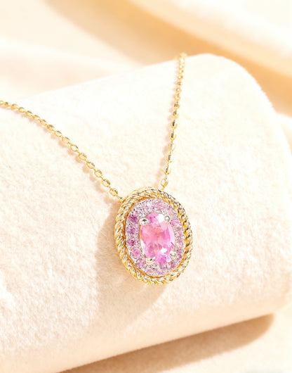 Oval Cut Pink Sapphire Halo Pendant Necklace | 18K Gold Plated 925 Sterling Silver Necklace