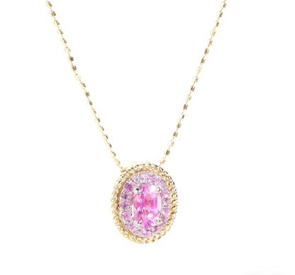 Oval Cut Pink Sapphire Halo Pendant Necklace | 18K Gold Plated 925 Sterling Silver Necklace