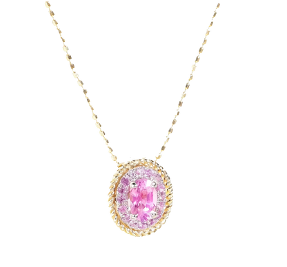 Oval Cut Pink Sapphire Halo Pendant Necklace | 18K Gold Plated 925 Sterling Silver Necklace