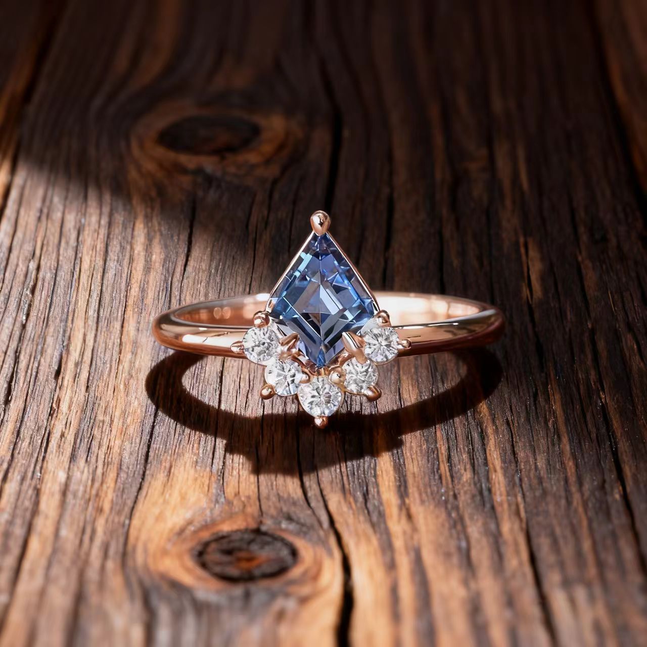 Kite Cut Lab-Grown Blue Sapphire Ring | 18K Rose Gold Plated Artistic Statement Ring
