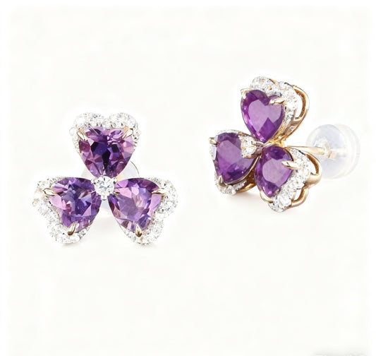 Heart-Cut Lab-Grown Amethyst Clover Earrings | 925 Sterling Silver Gold Plated with Moissanite Accents