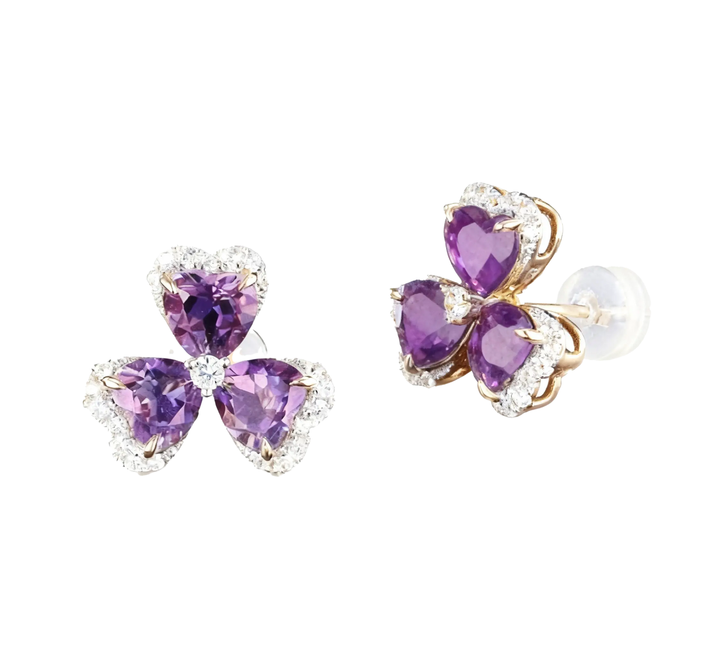Heart-Cut Lab-Grown Amethyst Clover Earrings | 925 Sterling Silver Gold Plated with Moissanite Accents
