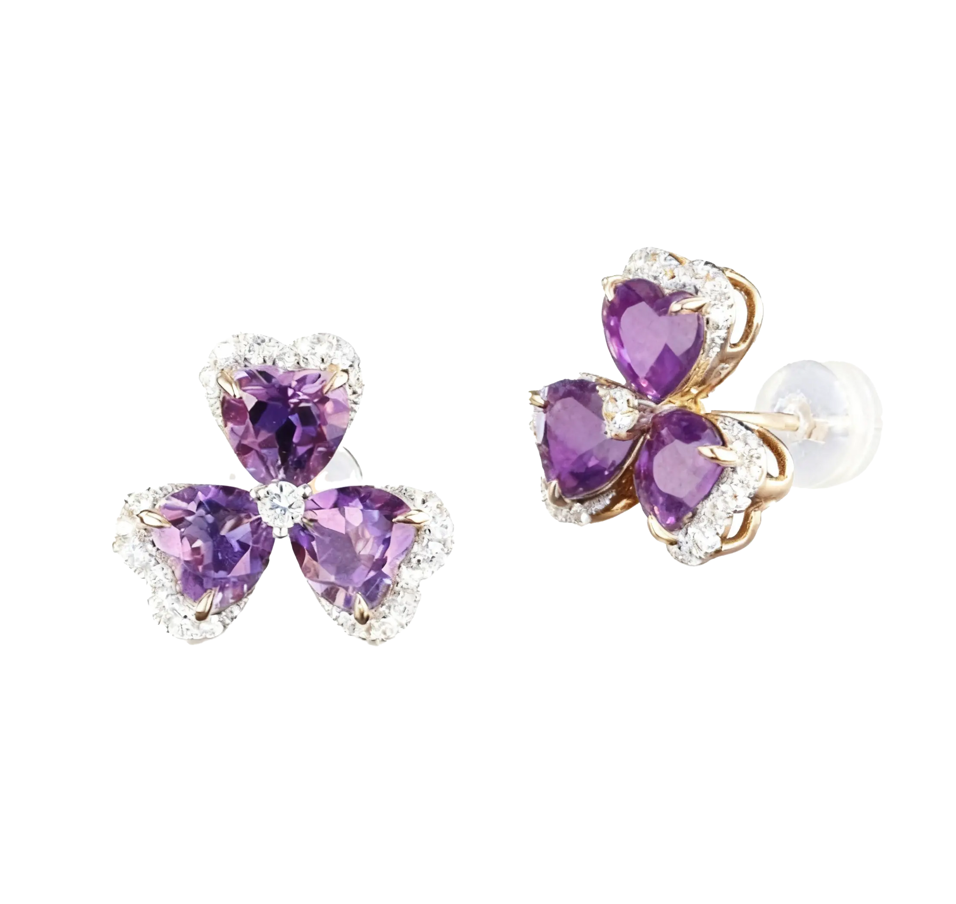 Heart-Cut Lab-Grown Amethyst Clover Earrings | 925 Sterling Silver Gold Plated with Moissanite Accents