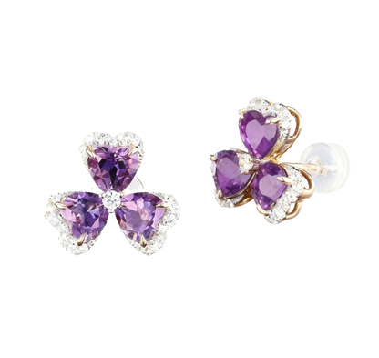 Heart-Cut Lab-Grown Amethyst Clover Earrings | 925 Sterling Silver Gold Plated with Moissanite Accents