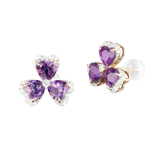 Heart-Cut Lab-Grown Amethyst Clover Earrings | 925 Sterling Silver Gold Plated with Moissanite Accents
