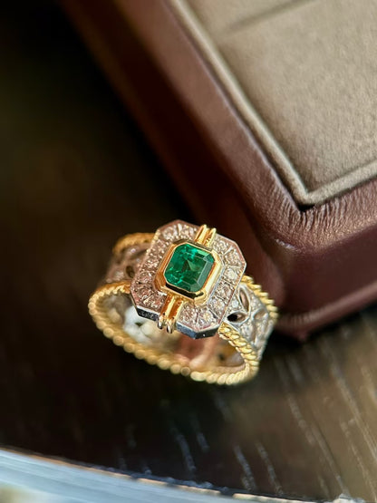 Emerald Cut Lab-Grown Emerald Two-Tone Ring | 925 Sterling Silver Gold Plated Statement Ring