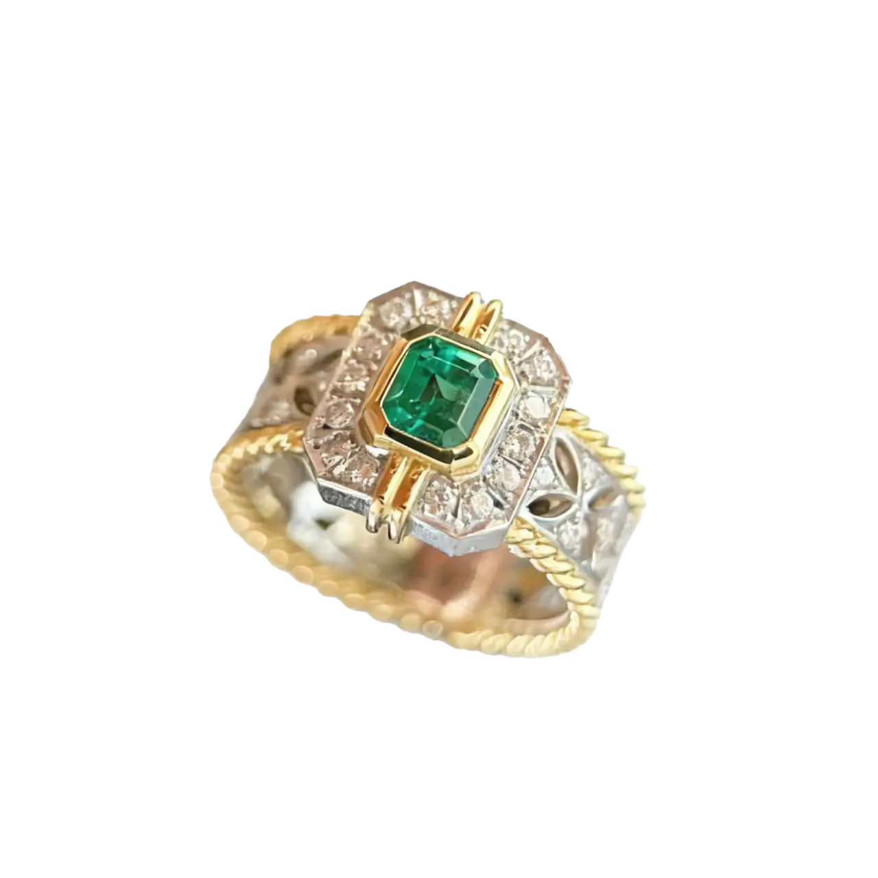 Emerald Cut Lab-Grown Emerald Two-Tone Ring | 925 Sterling Silver Gold Plated Statement Ring