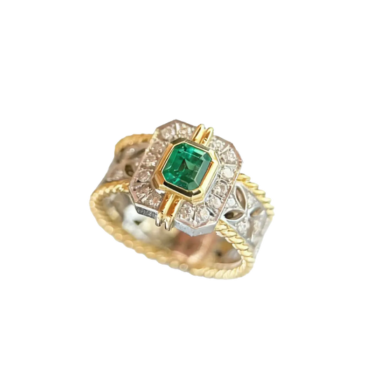 Emerald Cut Lab-Grown Emerald Two-Tone Ring | 925 Sterling Silver Gold Plated Statement Ring