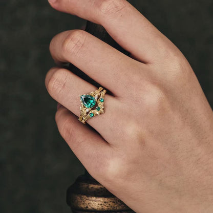 Pear-Cut Lab-Grown Emerald Vine Ring | 925 Sterling Silver Gold Plated Nature-Inspired Ring
