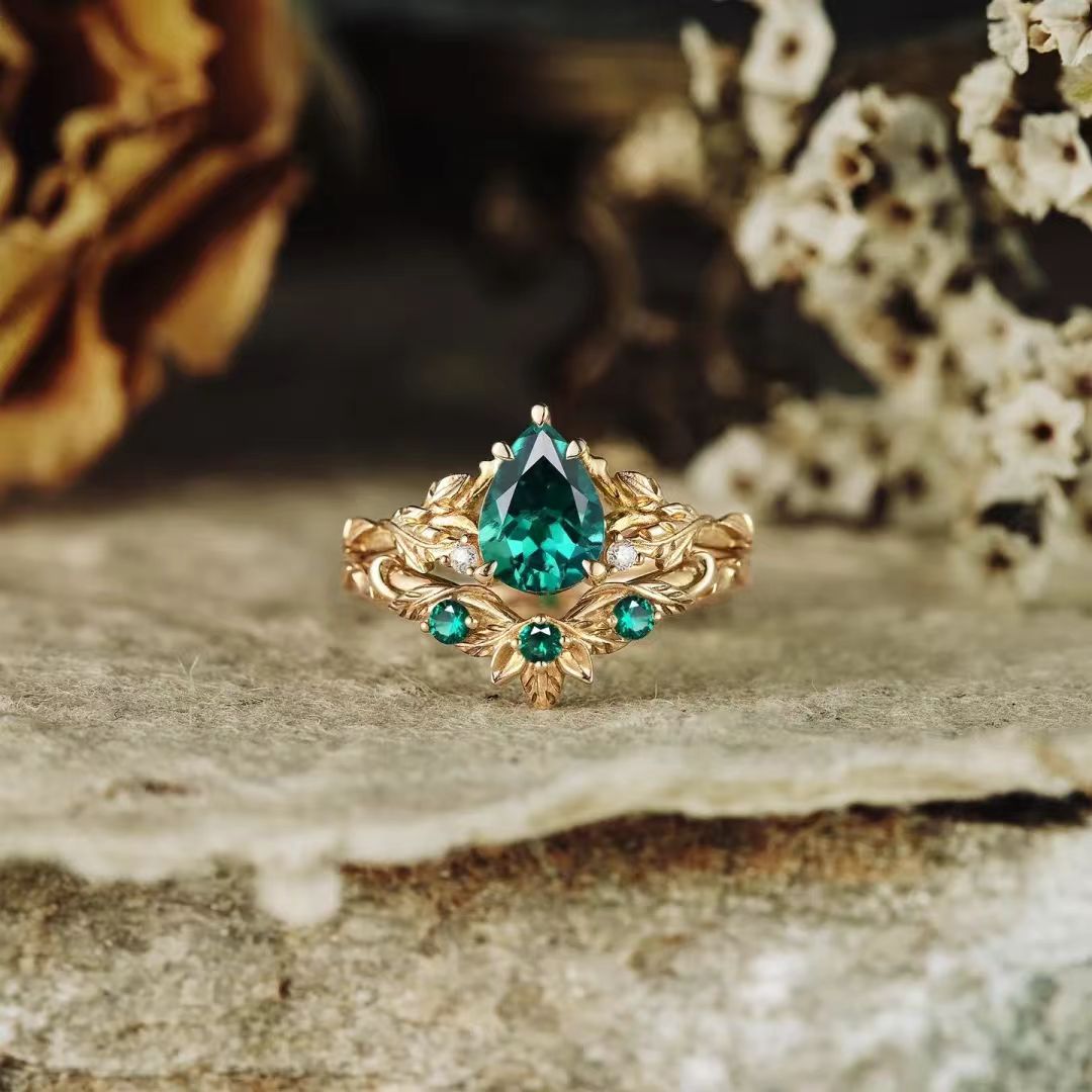 Pear-Cut Lab-Grown Emerald Vine Ring | 925 Sterling Silver Gold Plated Nature-Inspired Ring