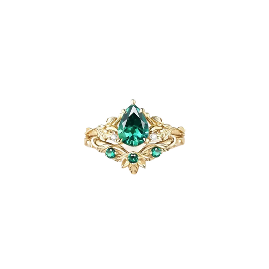Pear-Cut Lab-Grown Emerald Vine Ring | 925 Sterling Silver Gold Plated Nature-Inspired Ring