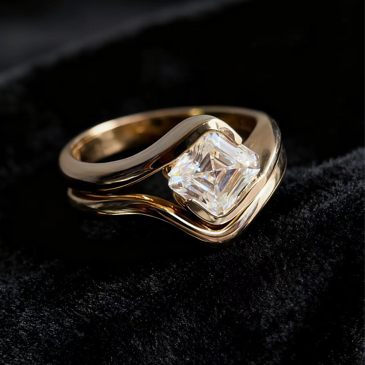 1.0ct Asscher Cut Moissanite Ring | 925 Sterling Silver Gold Plated | BOCOS JEWELRY