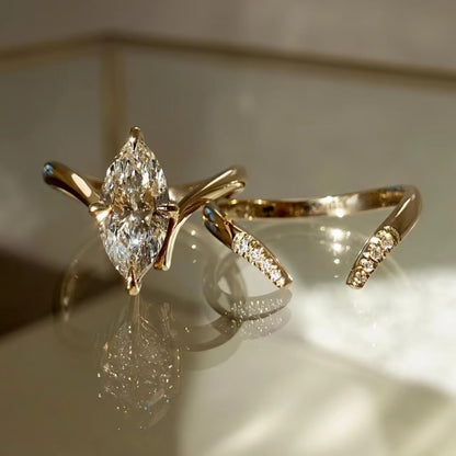 1.5ct Marquise Cut Moissanite Ring Set | 925 Sterling Silver Gold Plated | BOCOS JEWELRY