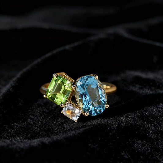 Multi-Gemstone Statement Ring | Lab-Grown Spinel, Peridot, Moissanite | 925 Sterling Silver Gold Plated | BOCOS JEWELRY