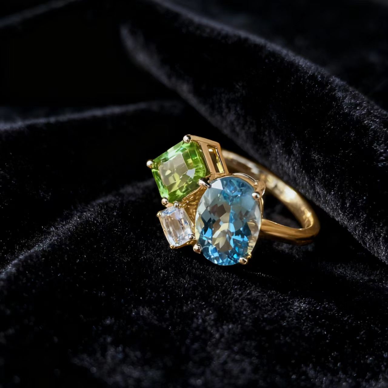Multi-Gemstone Statement Ring | Lab-Grown Spinel, Peridot, Moissanite | 925 Sterling Silver Gold Plated | BOCOS JEWELRY
