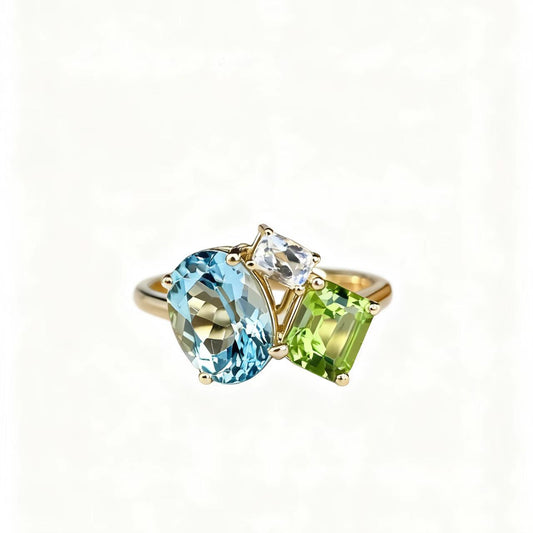 Multi-Gemstone Statement Ring | Lab-Grown Spinel, Peridot, Moissanite | 925 Sterling Silver Gold Plated | BOCOS JEWELRY