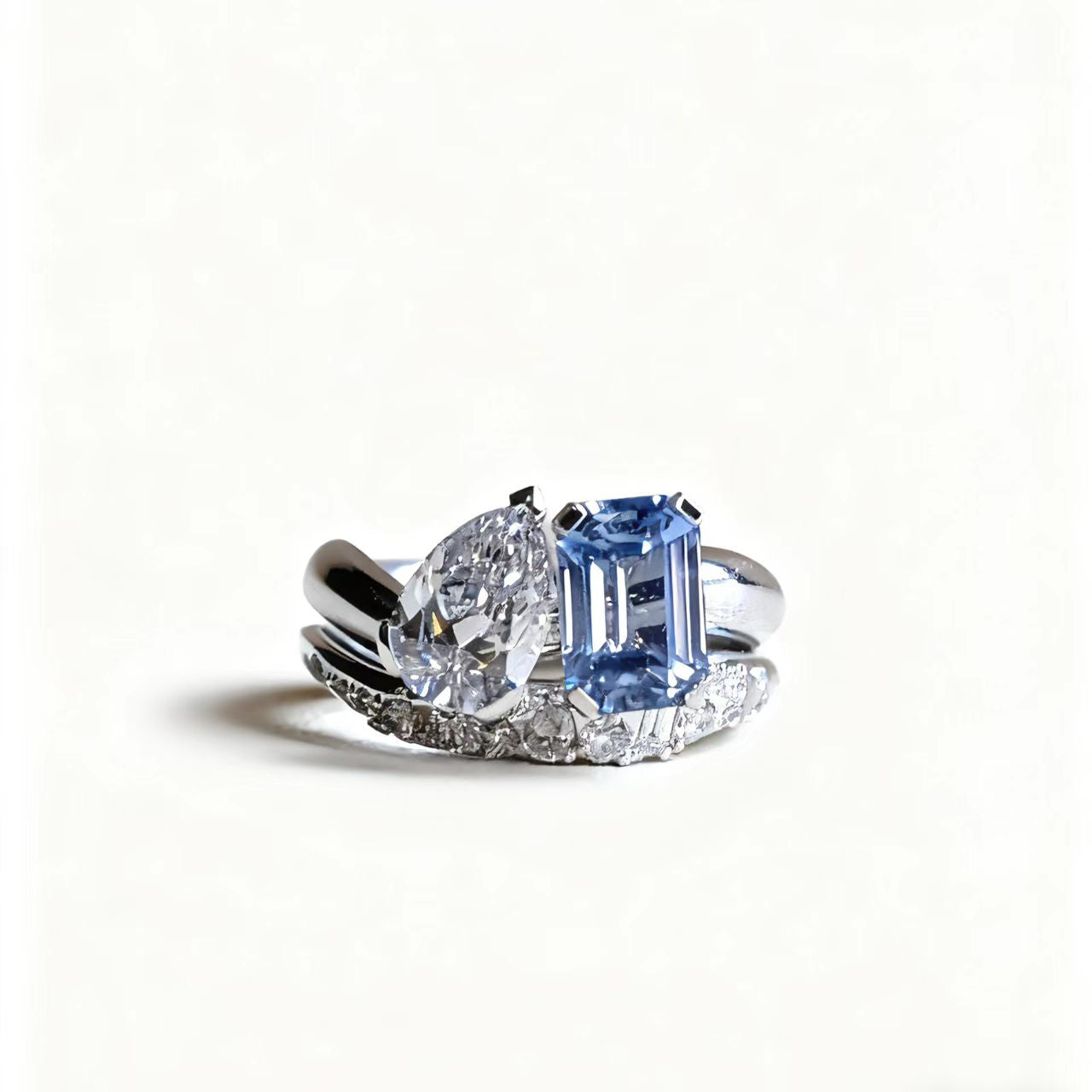 Pear-Cut Moissanite & Emerald-Cut Lab-Grown Sapphire Ring Set | 925 Sterling Silver Platinum Plated | BOCOS JEWELRY