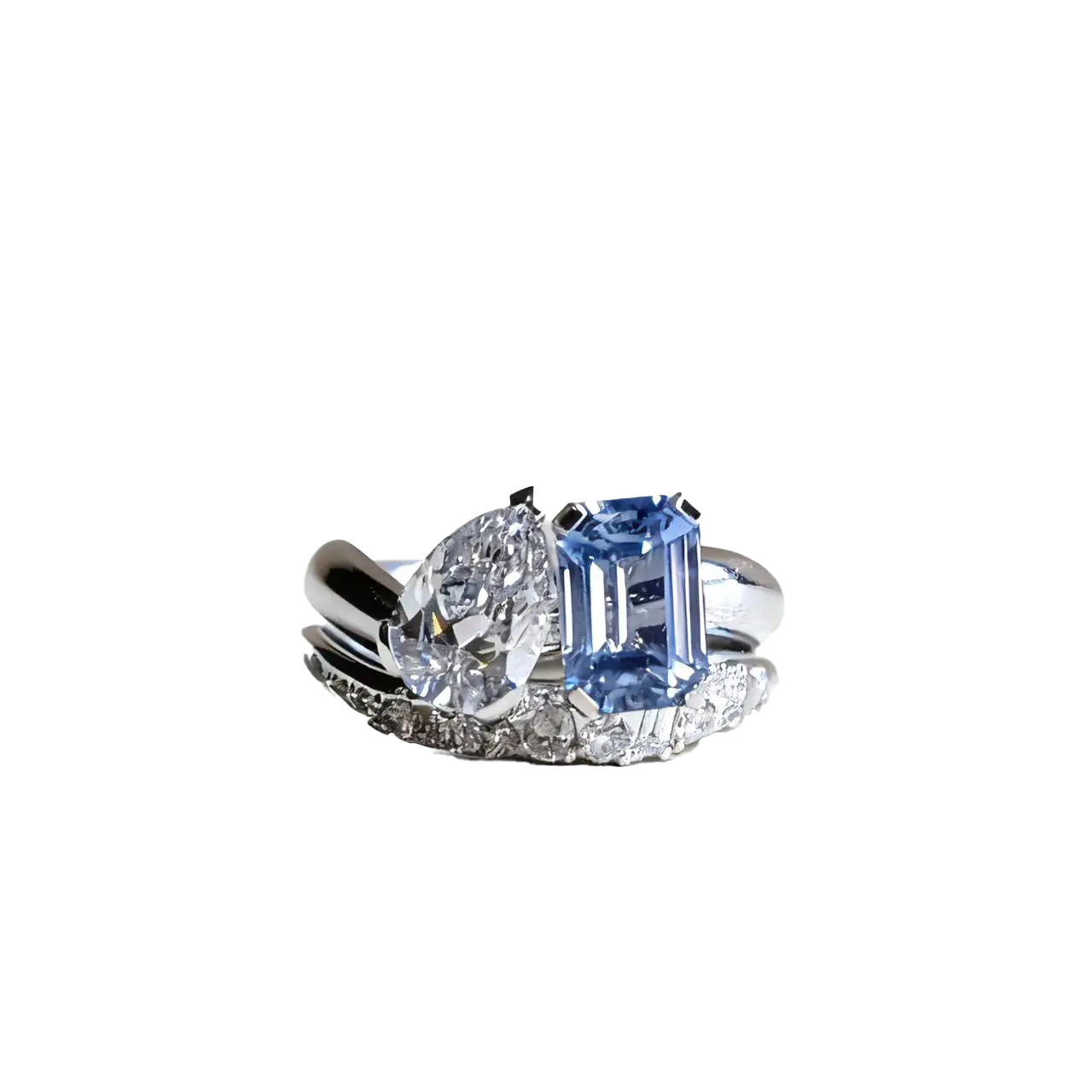 Pear-Cut Moissanite & Emerald-Cut Lab-Grown Sapphire Ring Set | 925 Sterling Silver Platinum Plated | BOCOS JEWELRY