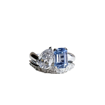Pear-Cut Moissanite & Emerald-Cut Lab-Grown Sapphire Ring Set | 925 Sterling Silver Platinum Plated | BOCOS JEWELRY