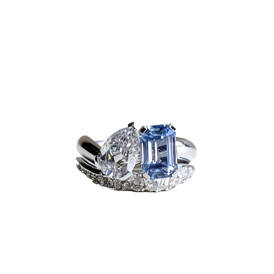 Pear-Cut Moissanite & Emerald-Cut Lab-Grown Sapphire Ring Set | 925 Sterling Silver Platinum Plated | BOCOS JEWELRY