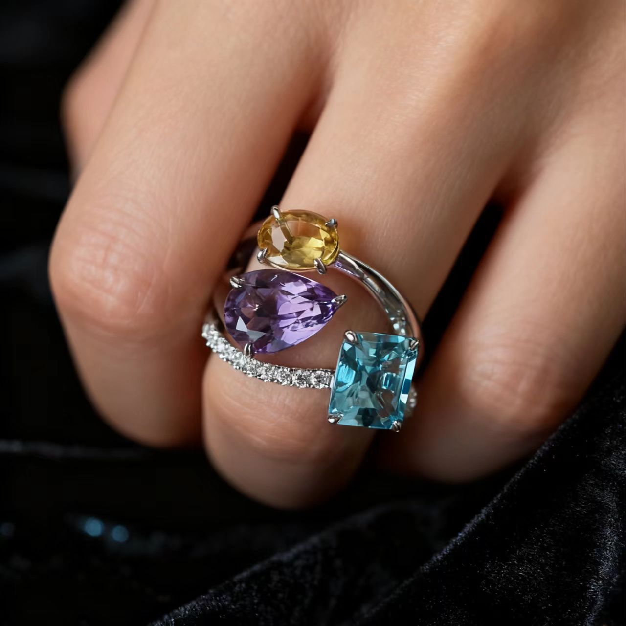 Multi-Gemstone Statement Ring Set | Emerald-Cut Blue, Pear-Cut Purple, Oval Yellow | 925 Sterling Silver Platinum Plated | BOCOS JEWELRY