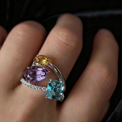 Multi-Gemstone Statement Ring Set | Emerald-Cut Blue, Pear-Cut Purple, Oval Yellow | 925 Sterling Silver Platinum Plated | BOCOS JEWELRY