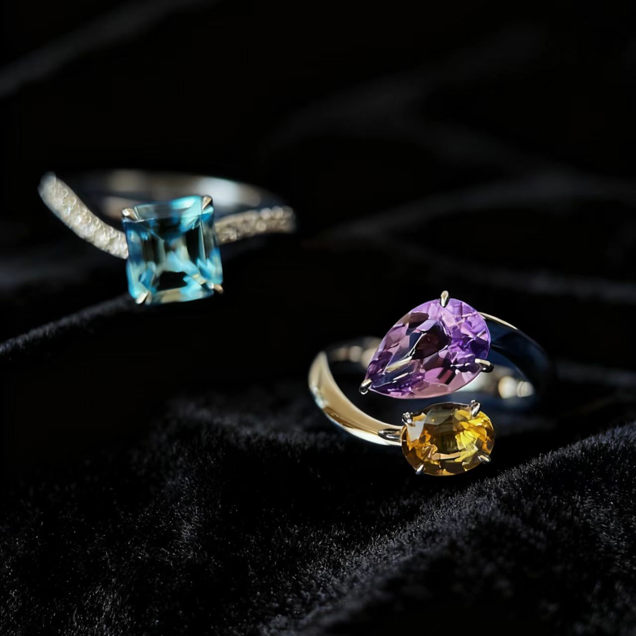 Multi-Gemstone Statement Ring Set | Emerald-Cut Blue, Pear-Cut Purple, Oval Yellow | 925 Sterling Silver Platinum Plated | BOCOS JEWELRY