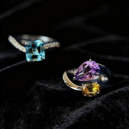 Multi-Gemstone Statement Ring Set | Emerald-Cut Blue, Pear-Cut Purple, Oval Yellow | 925 Sterling Silver Platinum Plated | BOCOS JEWELRY