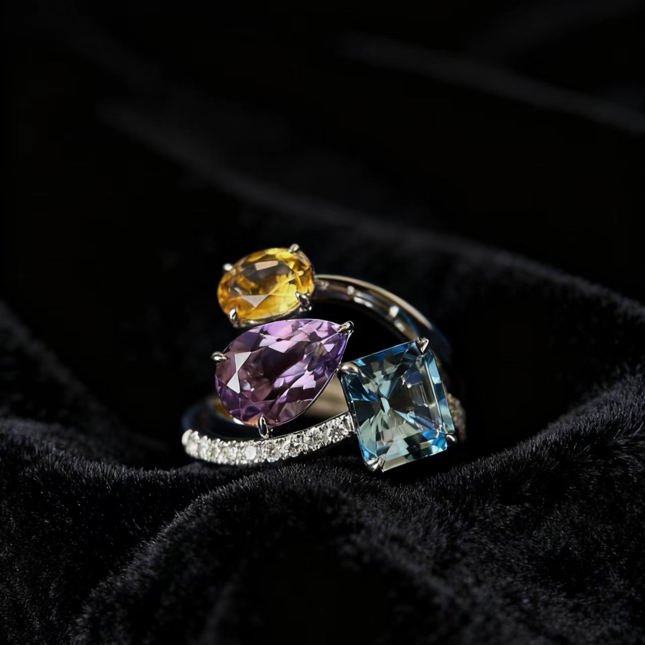 Multi-Gemstone Statement Ring Set | Emerald-Cut Blue, Pear-Cut Purple, Oval Yellow | 925 Sterling Silver Platinum Plated | BOCOS JEWELRY