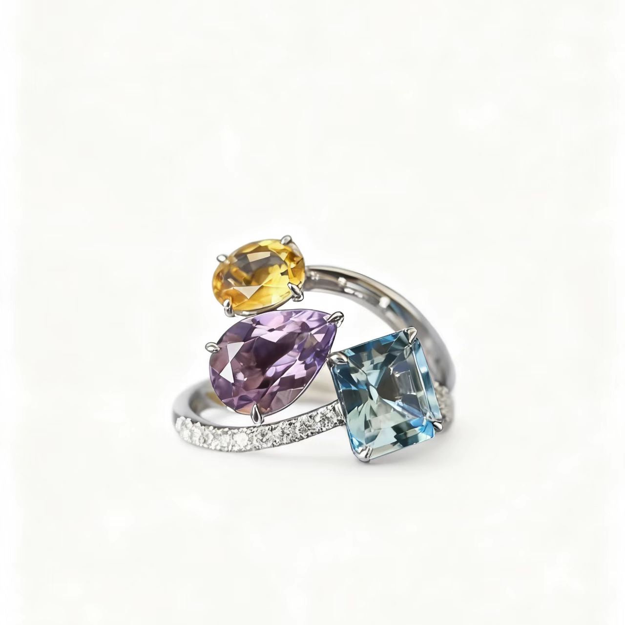 Multi-Gemstone Statement Ring Set | Emerald-Cut Blue, Pear-Cut Purple, Oval Yellow | 925 Sterling Silver Platinum Plated | BOCOS JEWELRY