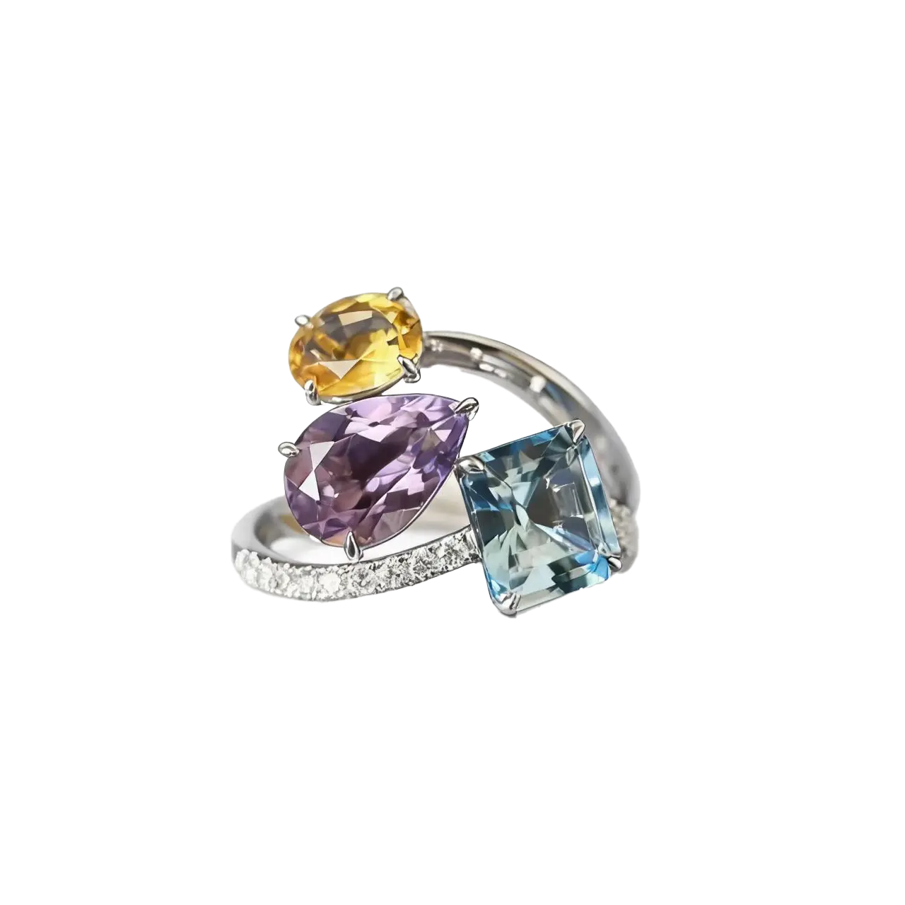 Multi-Gemstone Statement Ring Set | Emerald-Cut Blue, Pear-Cut Purple, Oval Yellow | 925 Sterling Silver Platinum Plated | BOCOS JEWELRY