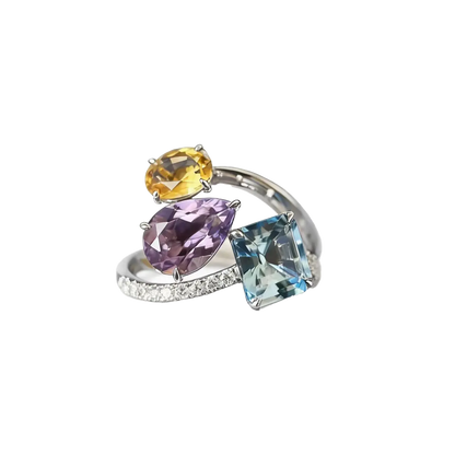 Multi-Gemstone Statement Ring Set | Emerald-Cut Blue, Pear-Cut Purple, Oval Yellow | 925 Sterling Silver Platinum Plated | BOCOS JEWELRY