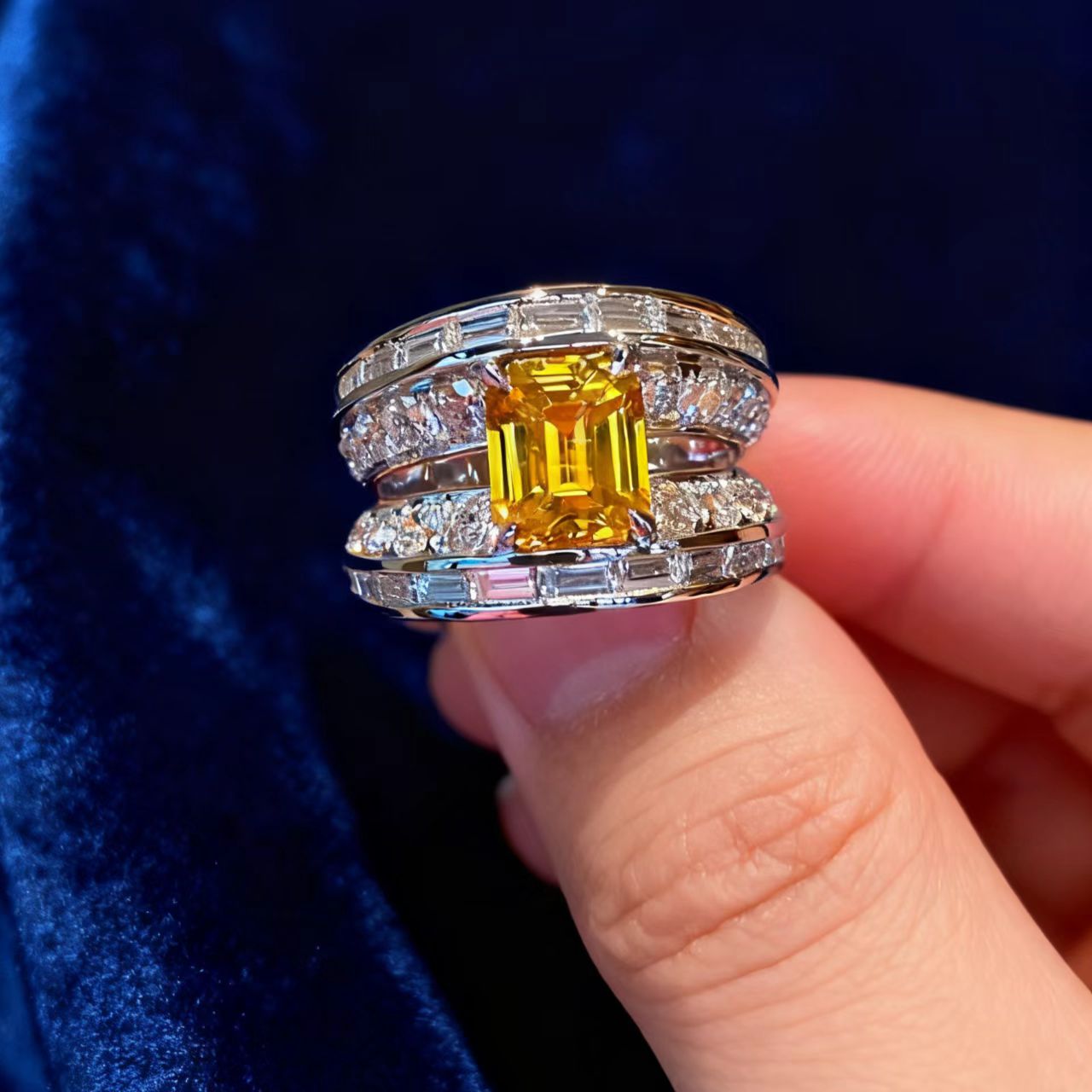 Emerald-Cut Lab-Grown Yellow Sapphire Ring | Moissanite Accents | 925 Sterling Silver Platinum Plated | BOCOS JEWELRY
